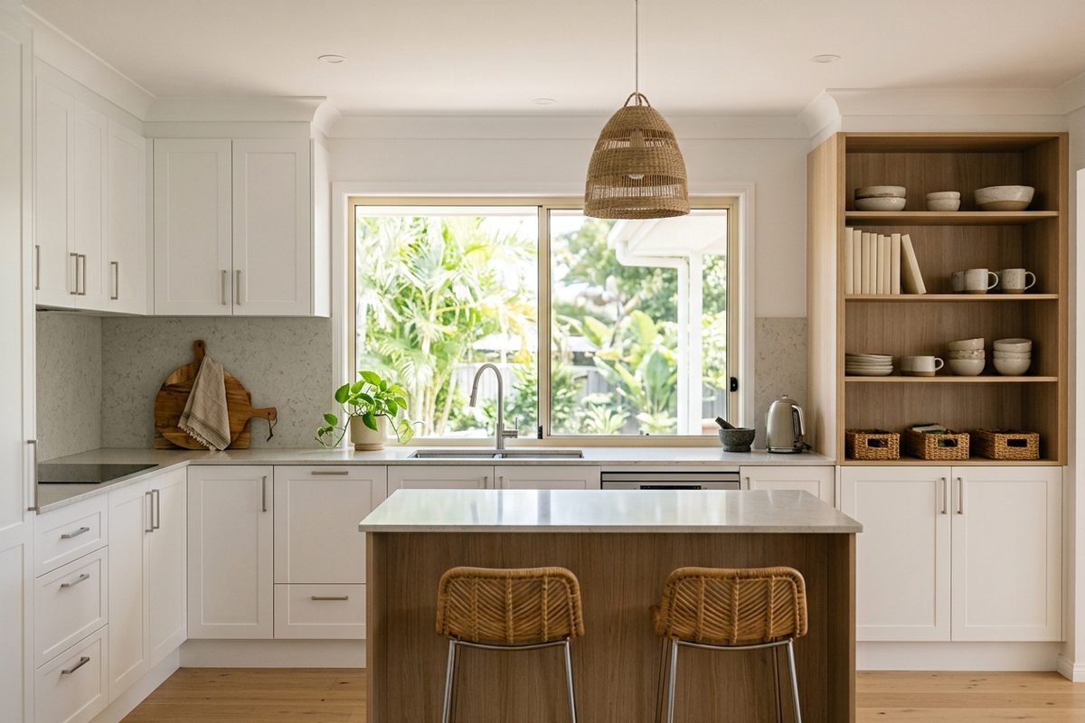 An illustrated modern kitchen with white cabinetry, a timber island and open shelving. An illustrated modern kitchen with white cabinetry, a timber island and open shelving.